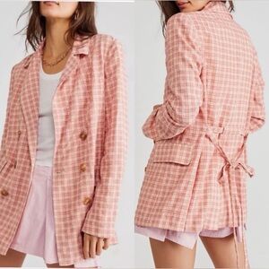 Free People Olivia Pink Gingham Front-Tie Blazer, NEW